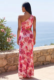 Pink One Shoulder Cut Out Floral Wedding Guest Dress with Slit
