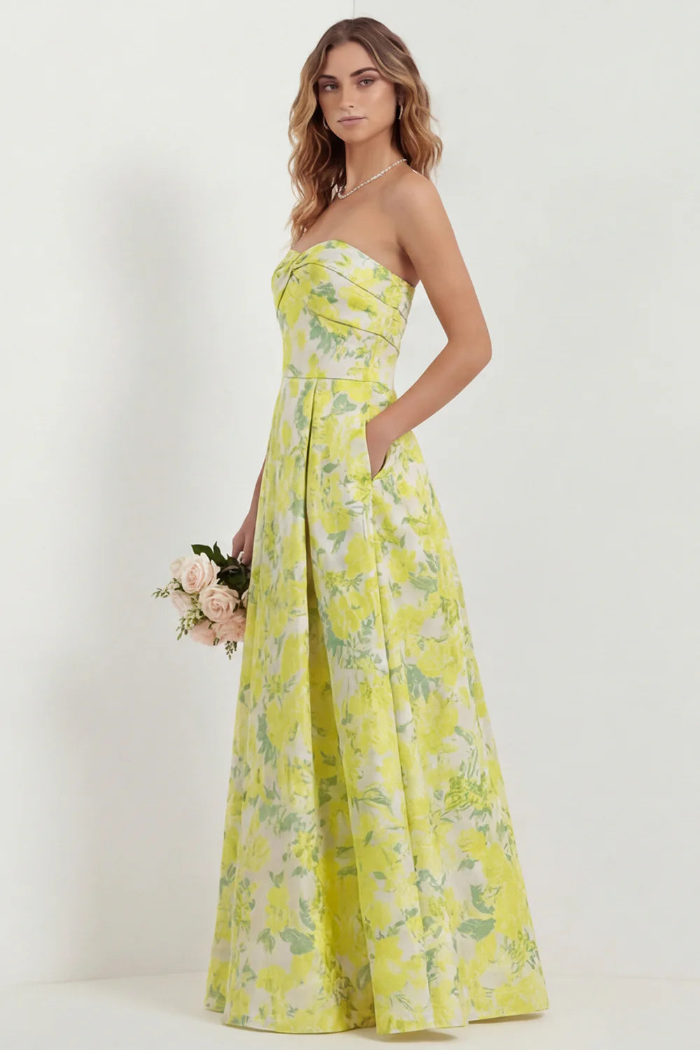 Light Blue Floral Sweetheart A Line Printed Maxi Dress with Pockets