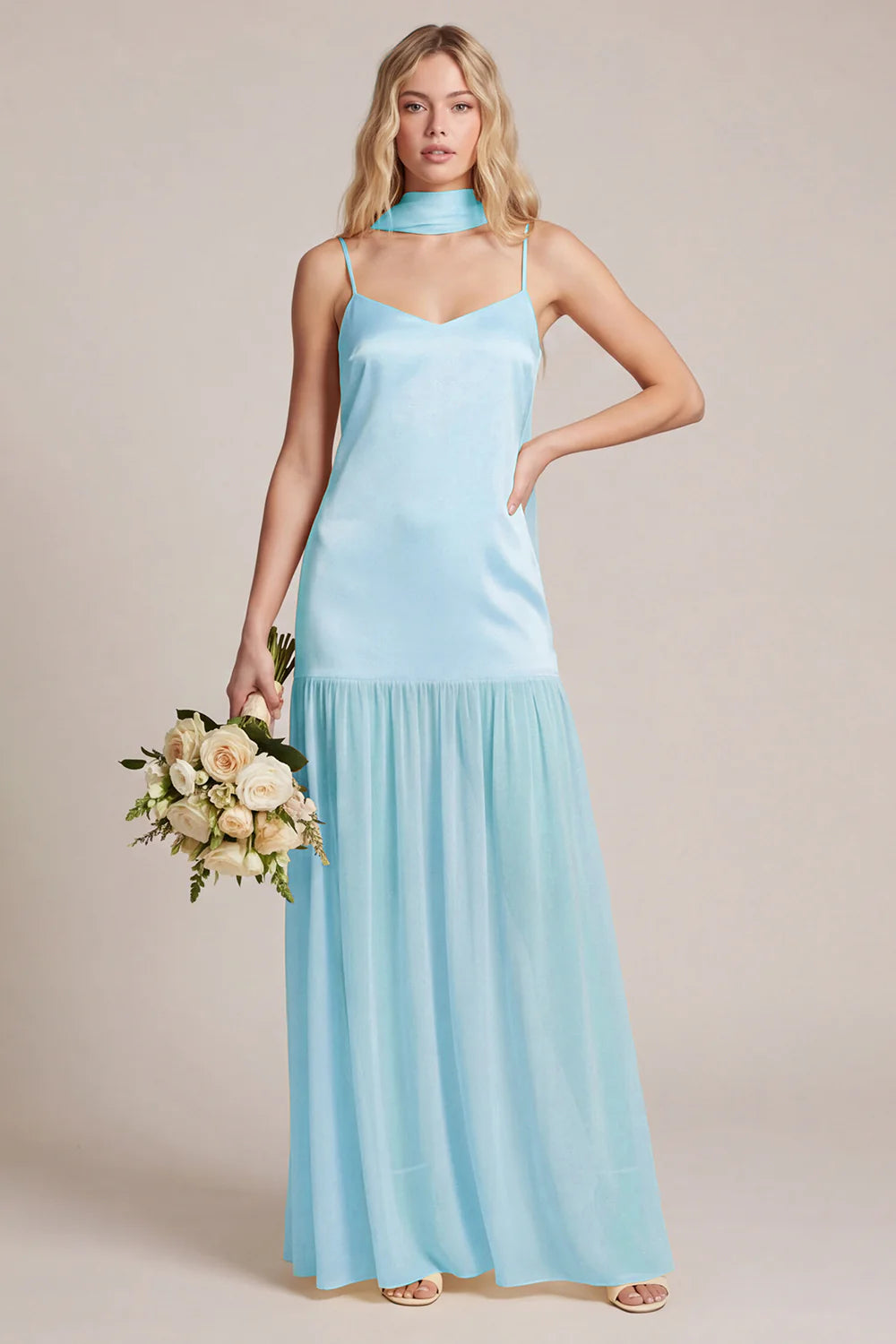 Daffodil Satin Spaghetti Straps Bridesmaid Dress with Scraf