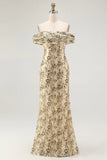 Champagne Flower Off The Shoulder Print Sheath Maxi Dress