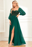 A Line Dark Green Sequins Prom Dress with Sleeves