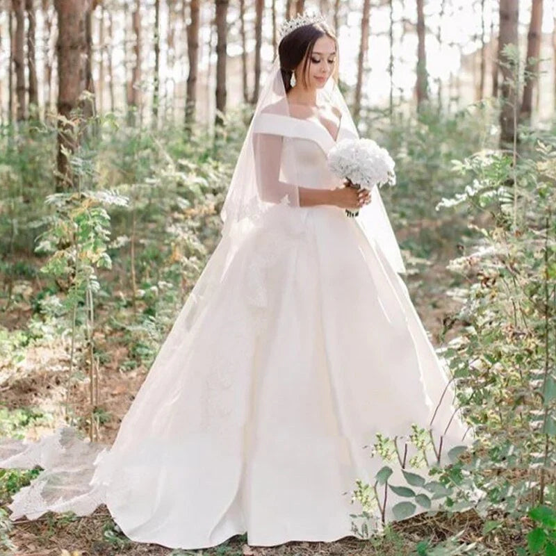 A Line Satin Sweep Train White Wedding Dress with Sleeveless