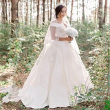 A Line Satin Sweep Train White Wedding Dress with Sleeveless