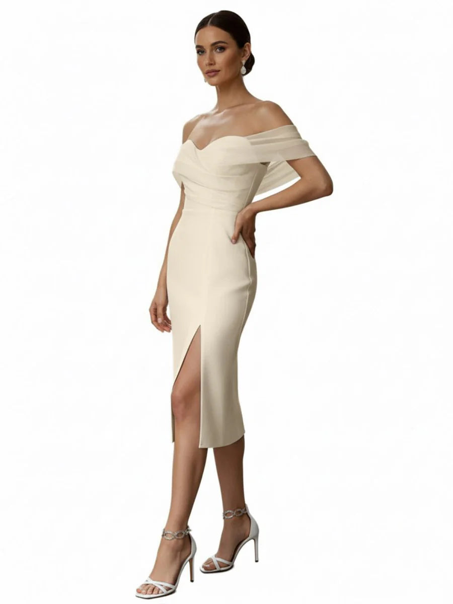 Sheath Off The Shoulder Sleeveless Tea Length Wedding Dresses