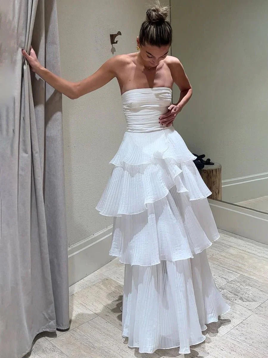 Cute A Line Chiffon Strapless Tiered Wedding Dresses