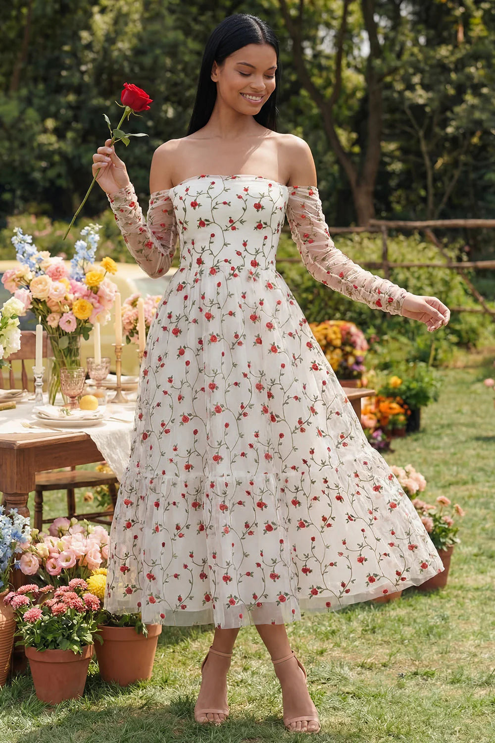 Off the Shoulder Ivory Floral A Line Wedding Guest Dress
