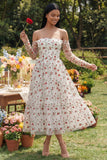 Off the Shoulder Ivory Floral A Line Wedding Guest Dress