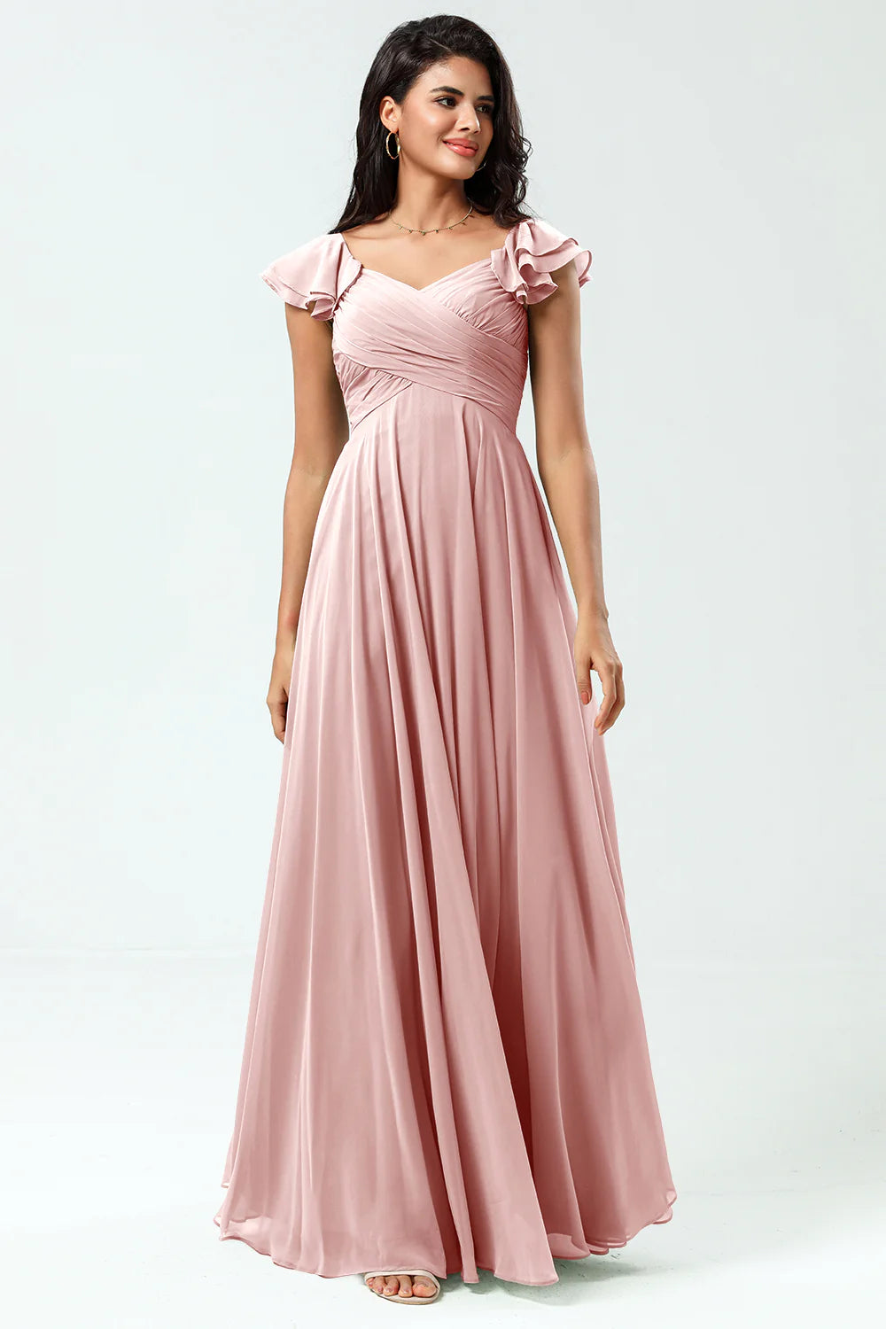 Lace Up Back Cross A Line Chiffon Bridesmaid Dress with Ruffles