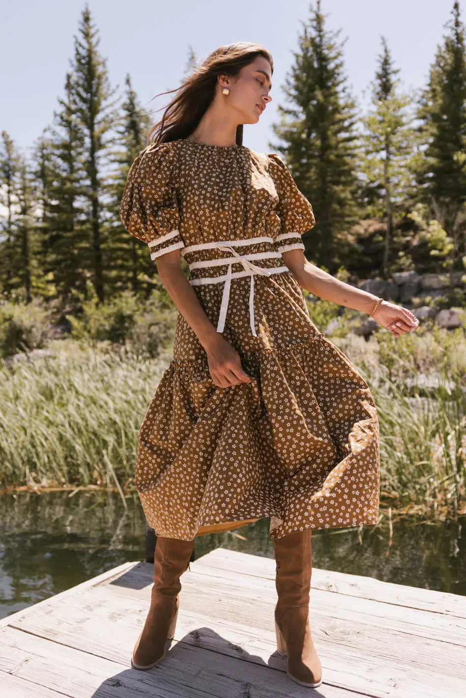 Kendra Ditsy Floral Midi Dress in Brown FINAL SALE