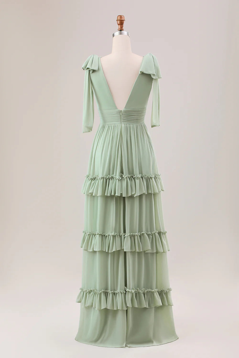 Dusty Sage A Line V Neck Knitted Chiffon Long Bridesmaid Dress With Ruffles
