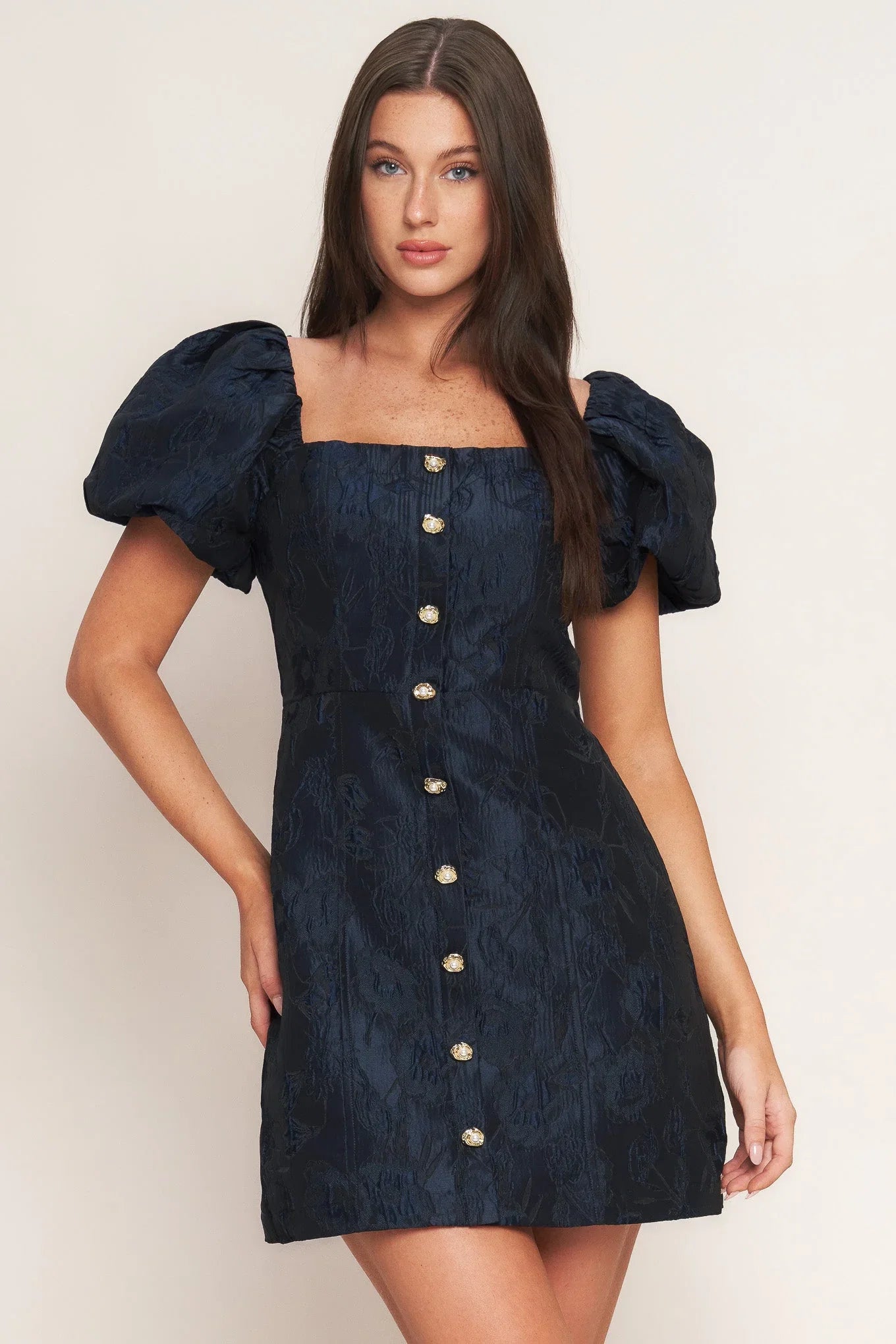 GOLDEN MOON NAVY PUFF SLEEVE MINI DRESS