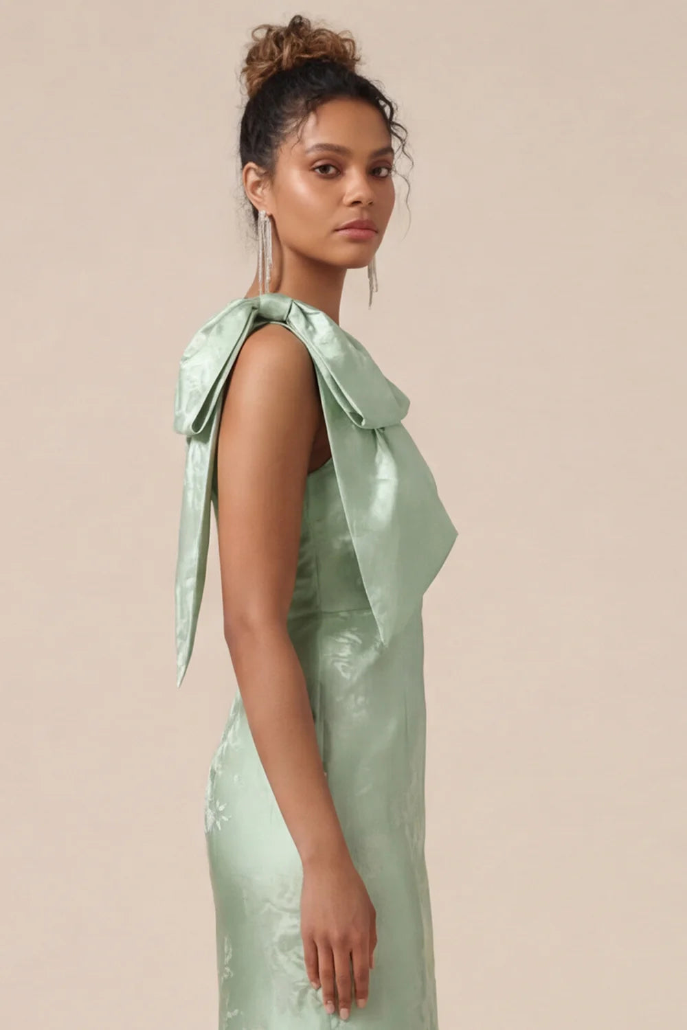 Blush Pink Mermaid One Shoulder Floral Long Bridesmaid Dress with Bow
