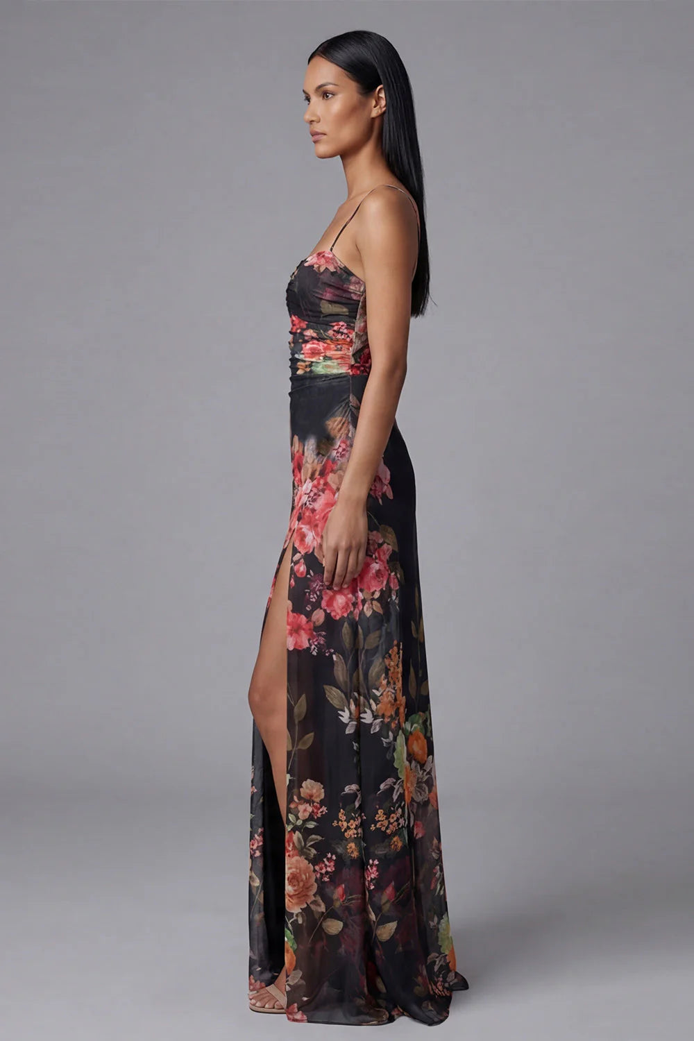 Floral Printed Ivory Ruched Long Formal Dress with Slit