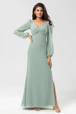 Matcha Sheath V Neck Chiffon Knotted Long Bridesmaid Dress with Slit