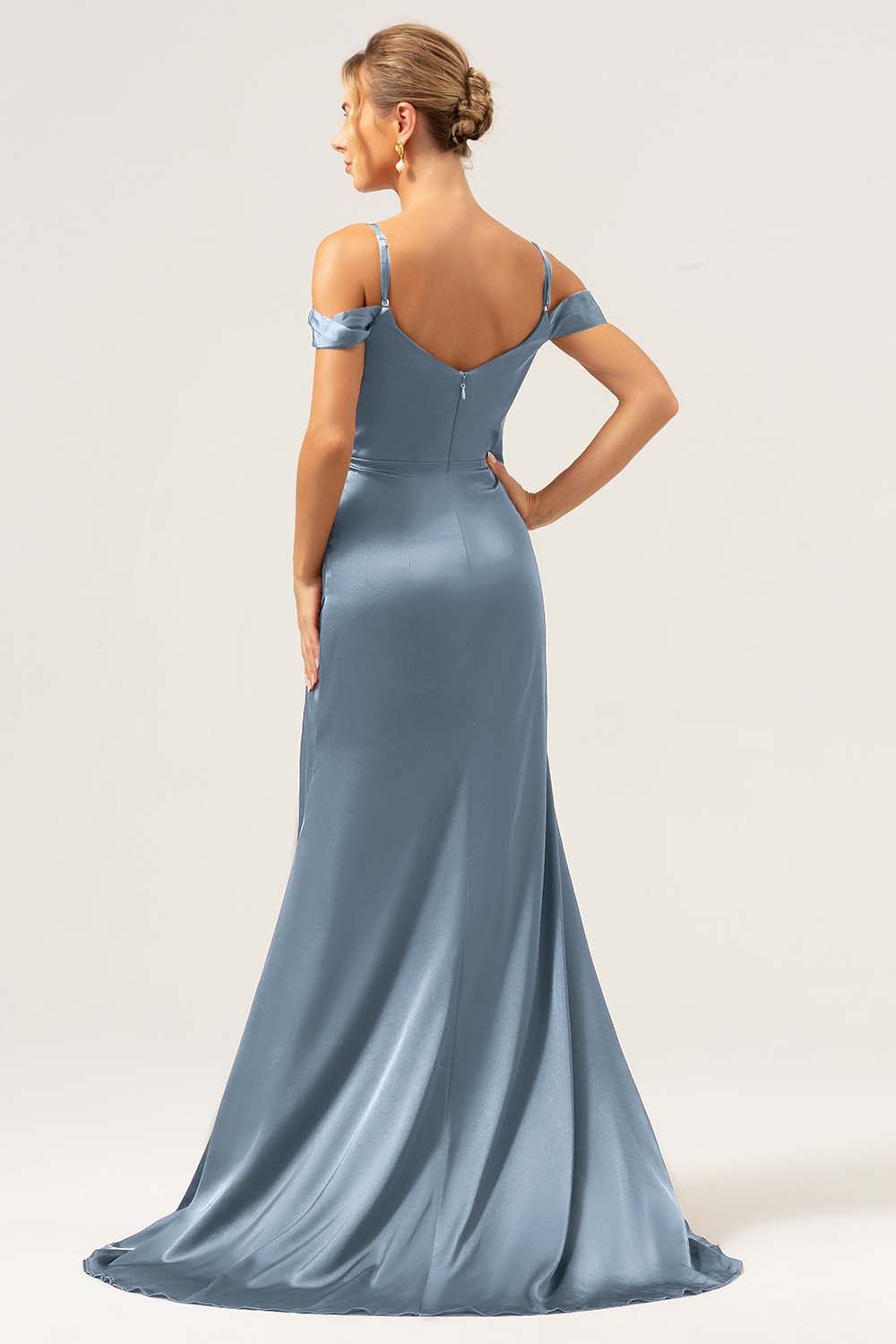 Dark Navy Mermaid Cold Shoulder Ruched Corset Long Satin Bridesmaid Dress with Slit