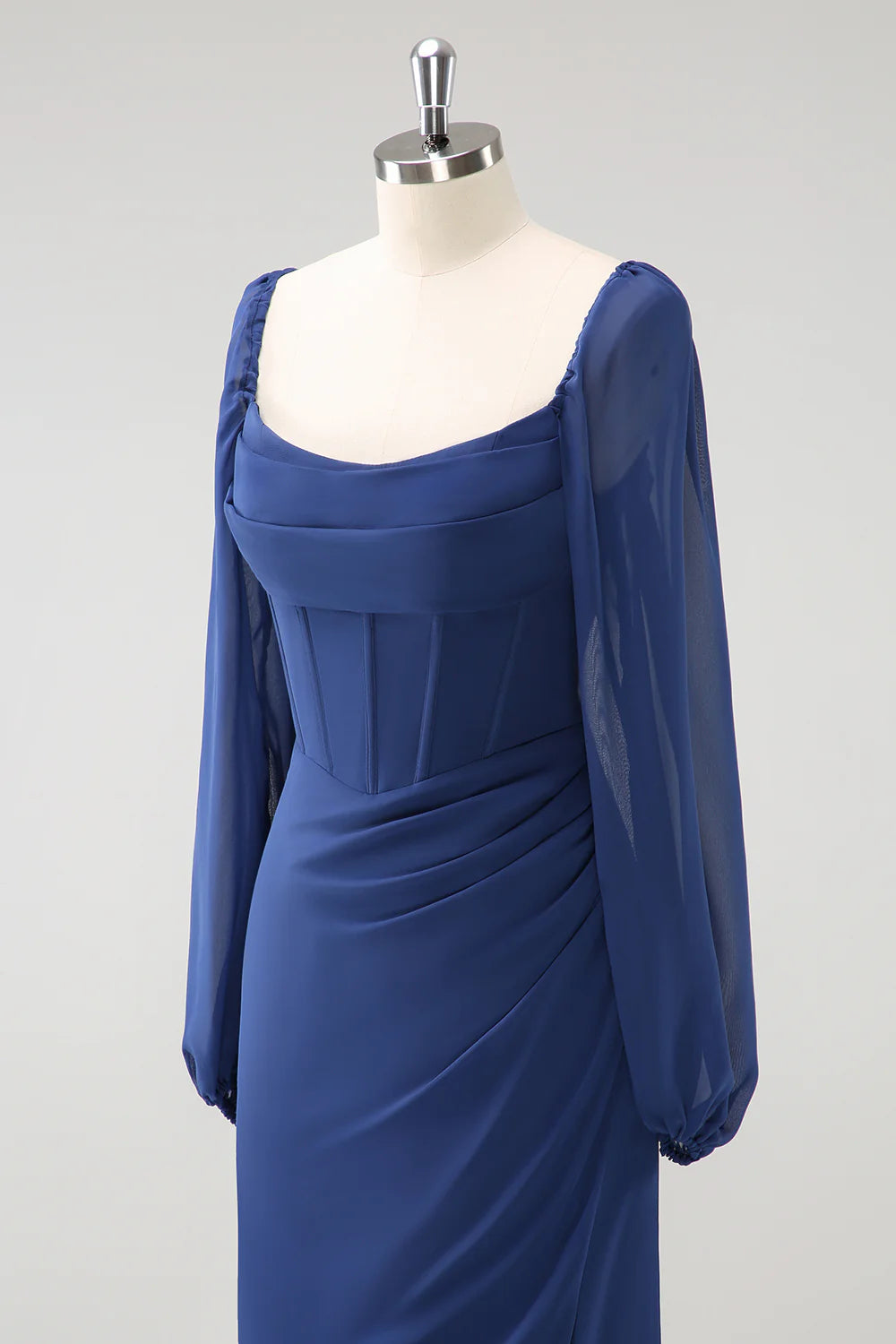 Dark Blue Mermaid Square Neck Pleated Long Sleeves Corset Chiffon Bridesmaid Dress with Slit