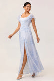 Blue Flower A Line Square Neck Chiffon Flutter Sleeves Long Bridesmaid Dress with Slit