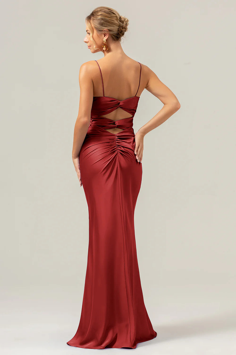 Purple Mermaid Spaghetti Straps Front Pleated Long Bridesmaid Dress