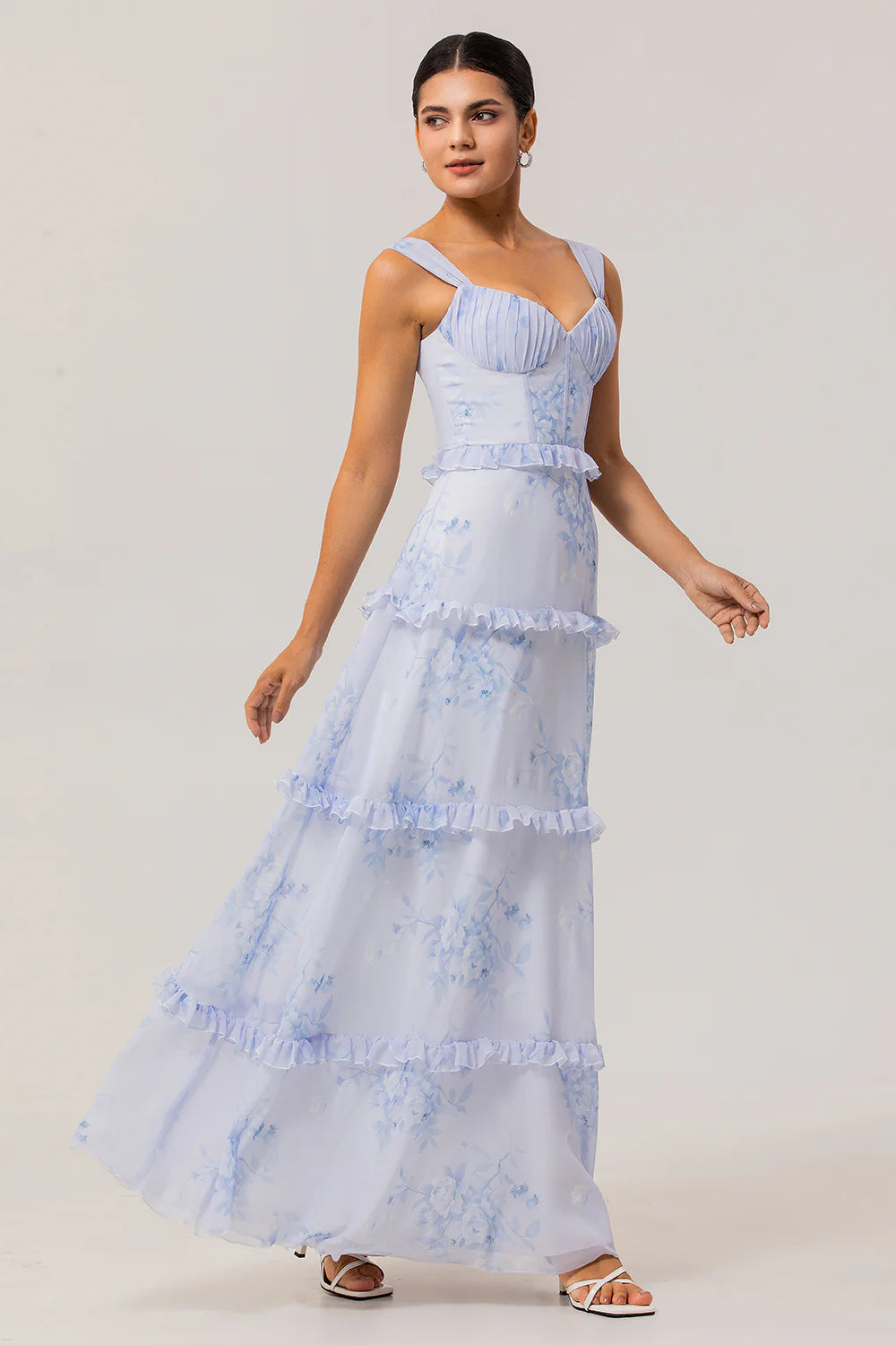 Blue A Line Chiffon Ruffle Print Floral Long Bridesmaid Dress with Lace Up Back