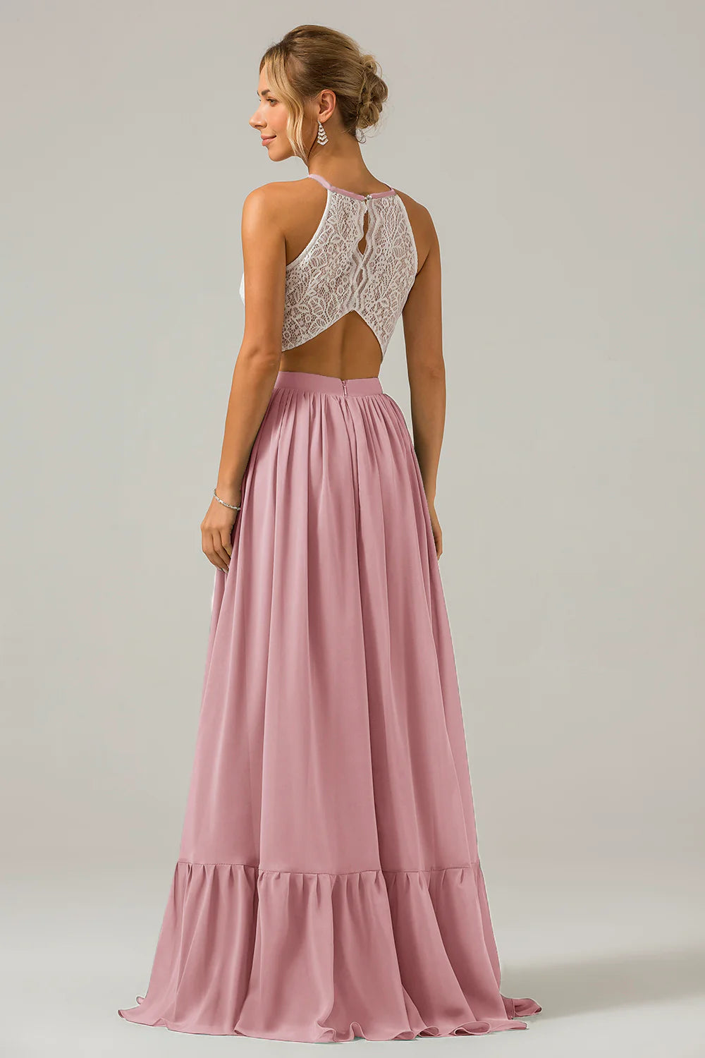 A Line Halter Pleated Keyhole Chiffon Bridesmaid Dress With Lace