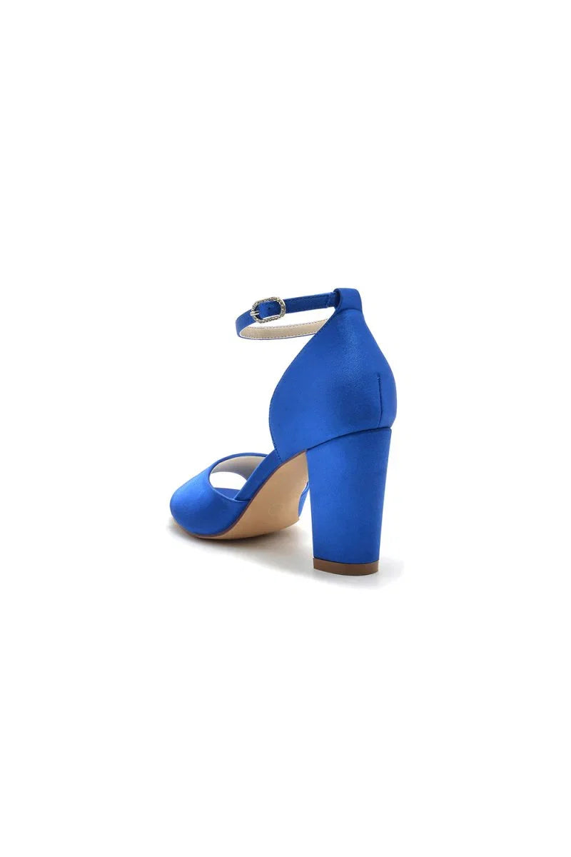 Simple Open Toe Ankle Strap Satin Chunky Heels