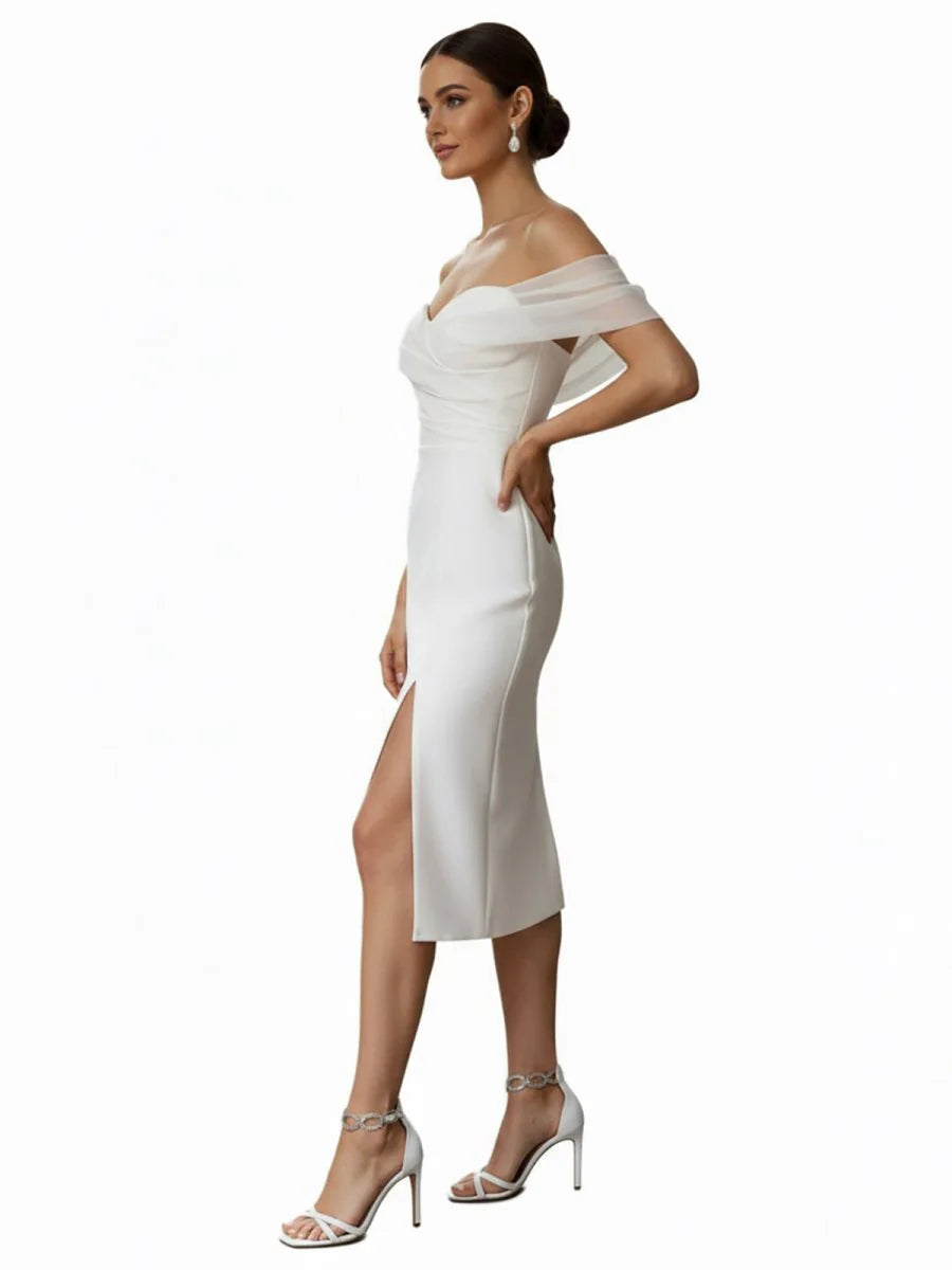 Sheath Off The Shoulder Sleeveless Tea Length Wedding Dresses