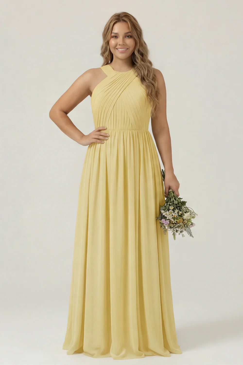 Dusty Sage Plus Size Halter A Line Chiffon Long Bridesmaid Dress