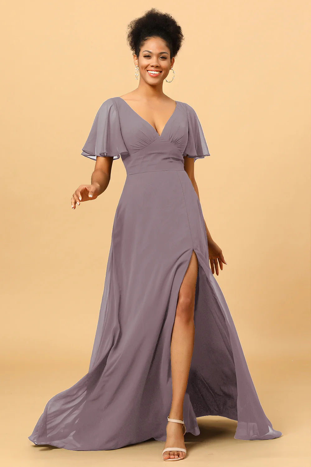 A Line V Neck Long Chiffon Bridesmaid Dress with Slit