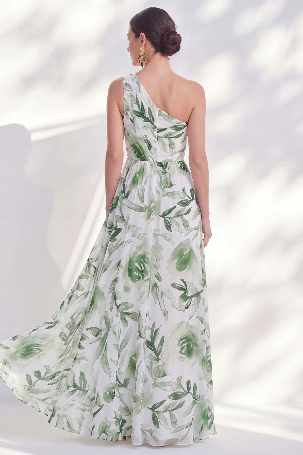 One Shoulder Printed Green Mother of the Bride Dress with Slit