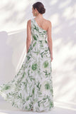 One Shoulder Printed Green Mother of the Bride Dress with Slit