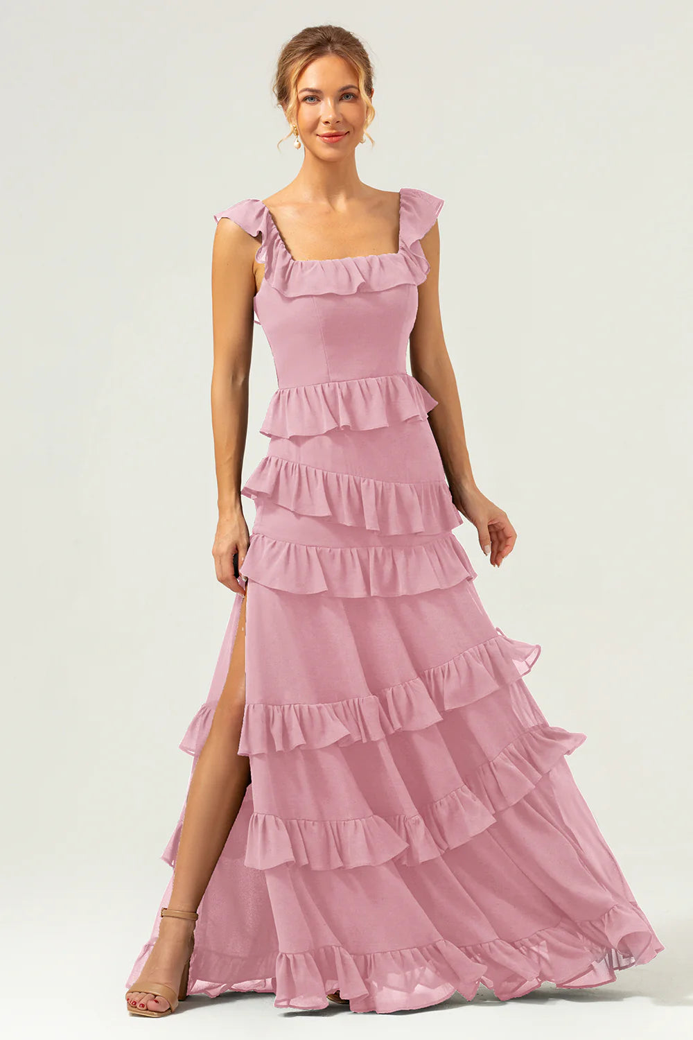 Dark Navy A Line Square Neck Tiered Long Chiffon Bridesmaid Dress with Ruffles