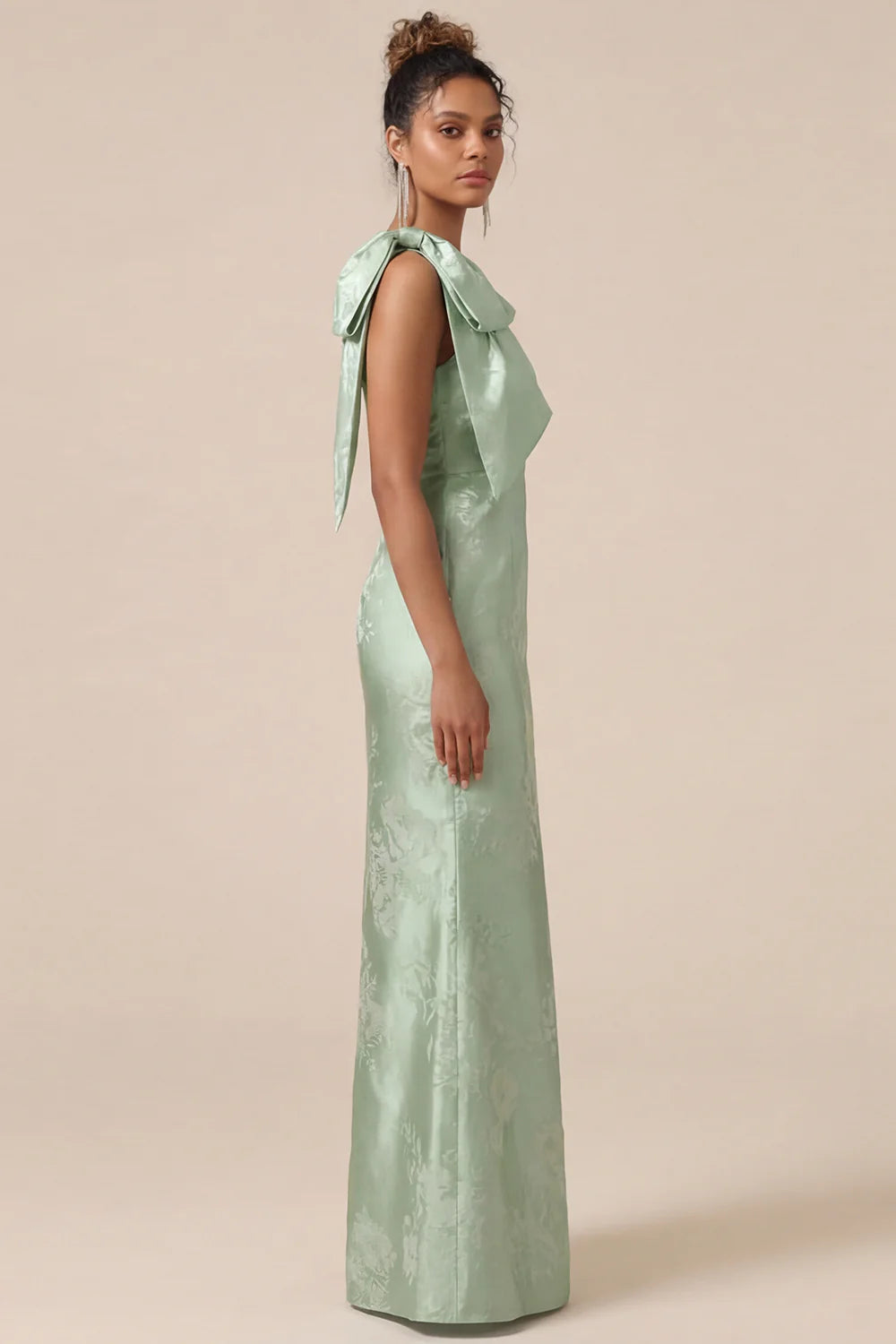 Blush Pink Mermaid One Shoulder Floral Long Bridesmaid Dress with Bow