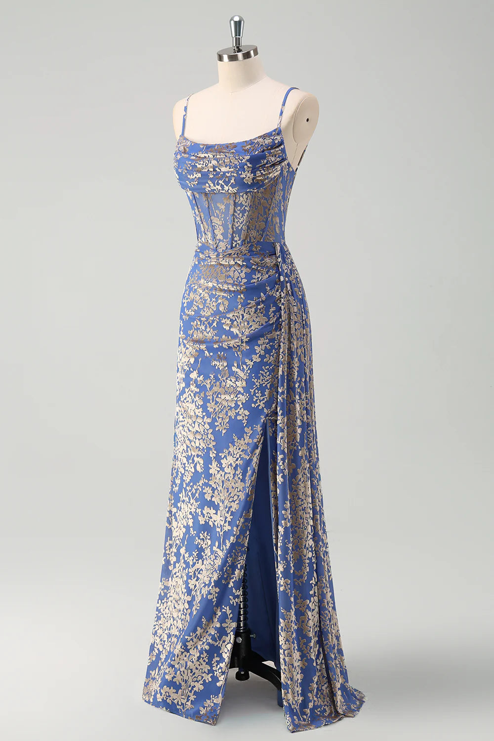 Mermaid Corset Burnout Velvet Blue Bridesmaid Dress with Watteau Train