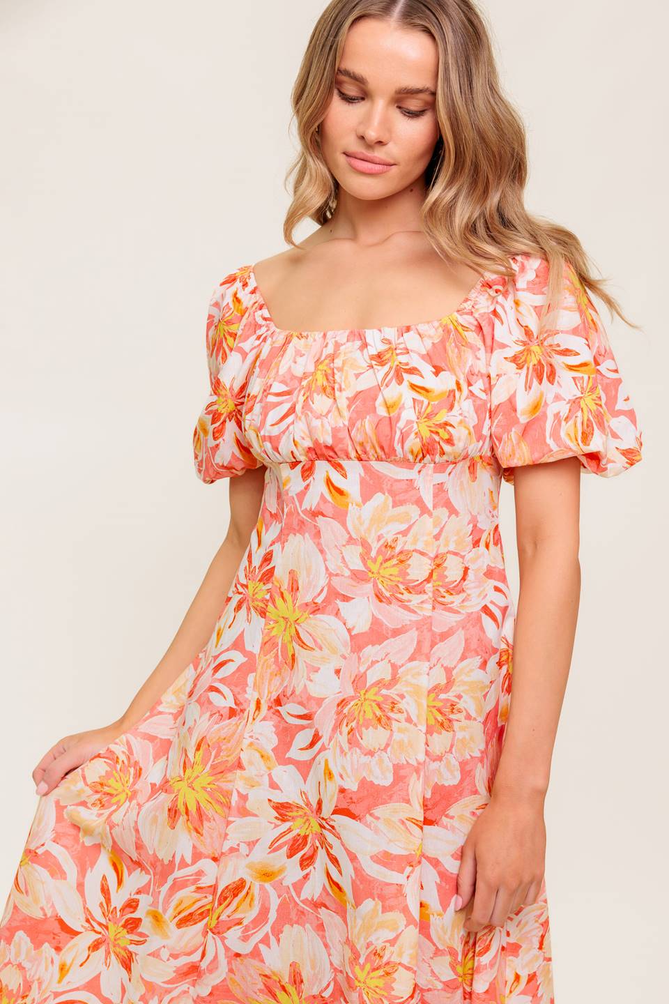 ISLAND FLOWERS PUFF SLEEVE MIDI DRESS CORAL