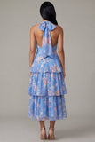 Halter Tiered A Line Floral Blue Midi Wedding Guest Dress