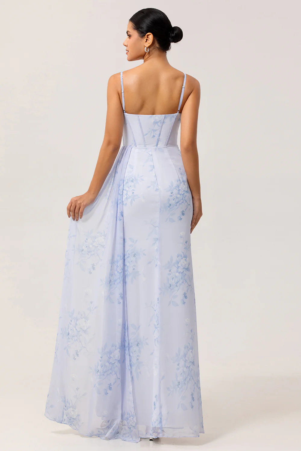 Blue Floral Spaghetti Straps Mermaid Streamer Corset Long Plus Size Bridesmaid Dress with Slit