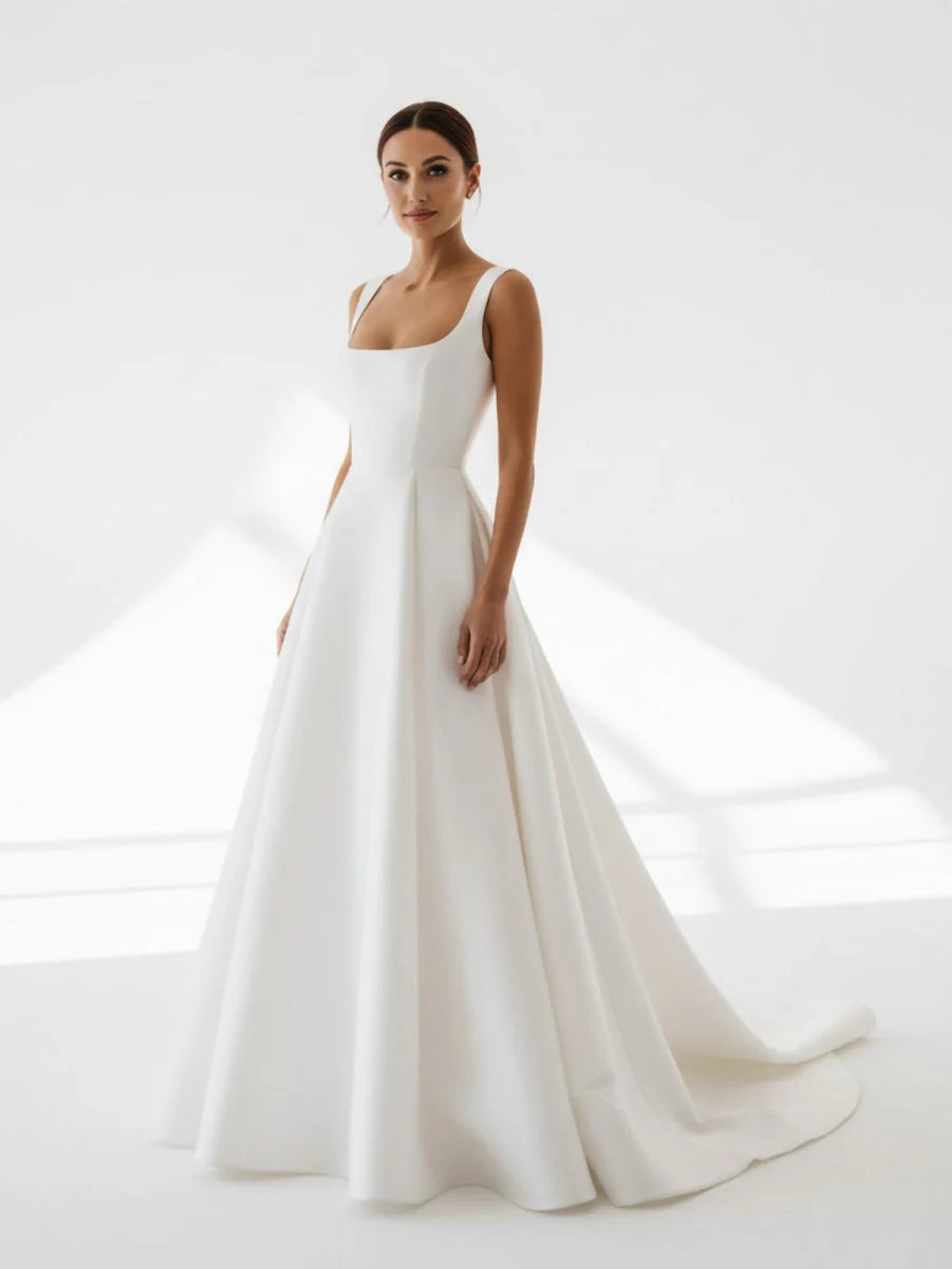 Simple A Line Square Neck White Satin Wedding Dresses
