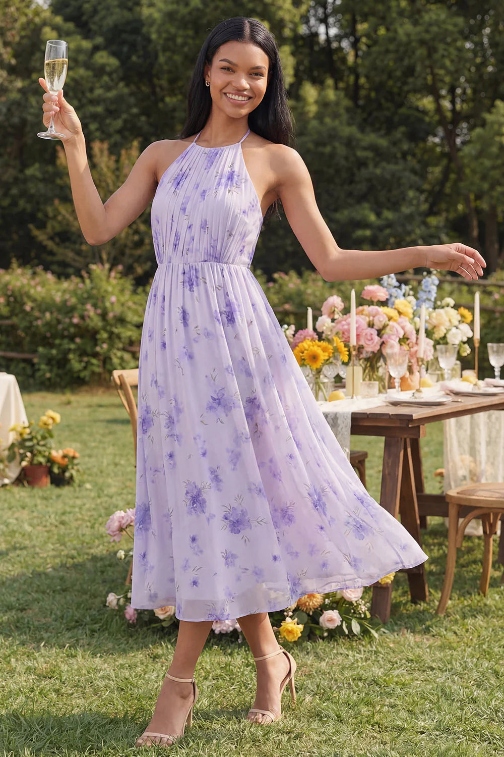 Halter Pleated Floral A Line Lilac Midi Wedding Guest Dress