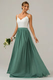 Eucalyptus A Line Spaghetti Straps Pleated Long Bridesmaid Dress With Lace
