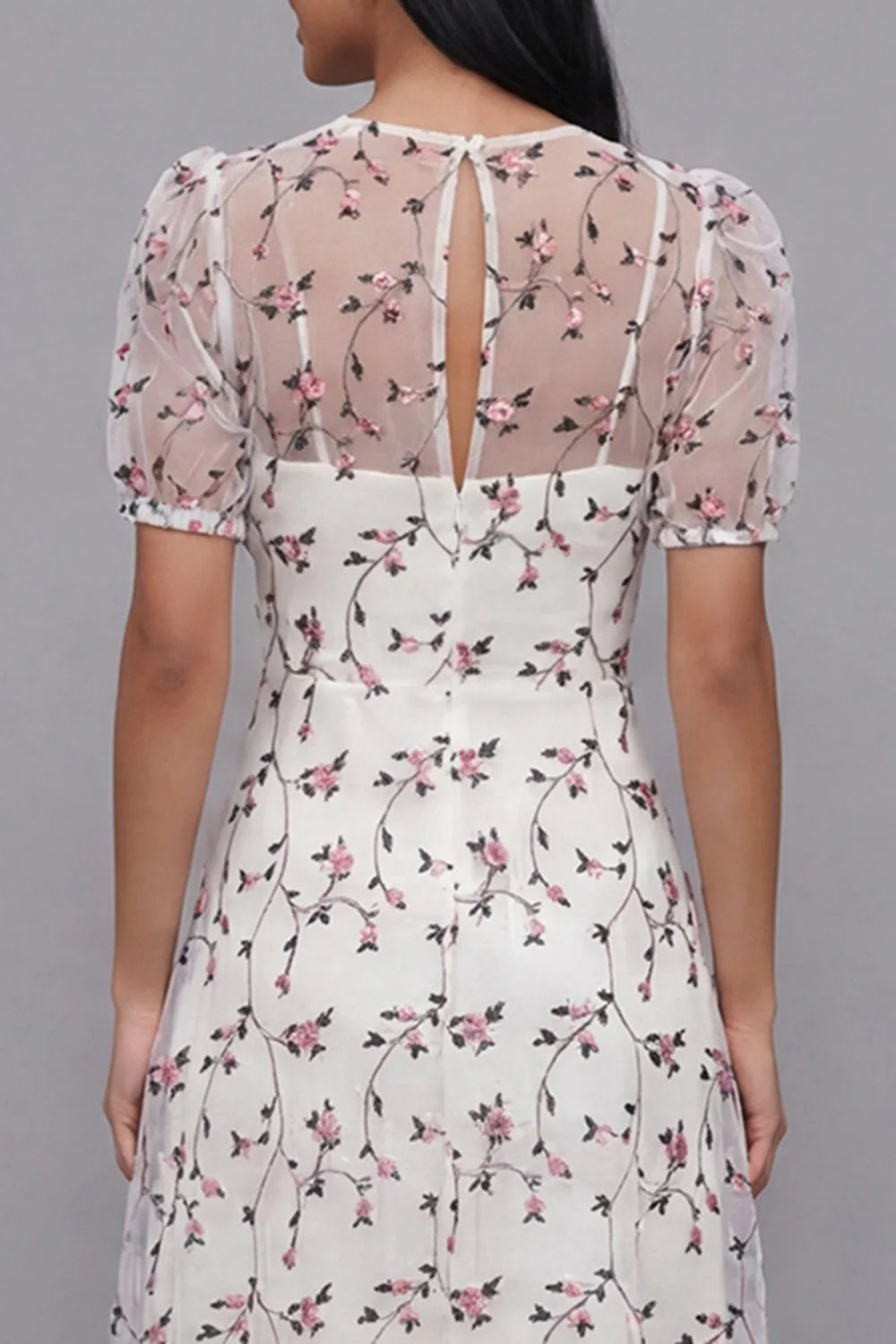 White Floral A Line Midi Wedding Guest Dress with Short Sleeves