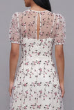 White Floral A Line Midi Wedding Guest Dress with Short Sleeves