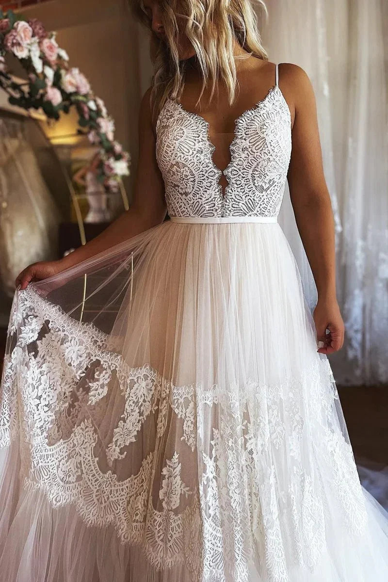 Ivory Boho A Line Long Tulle Wedding Dress with Appliques