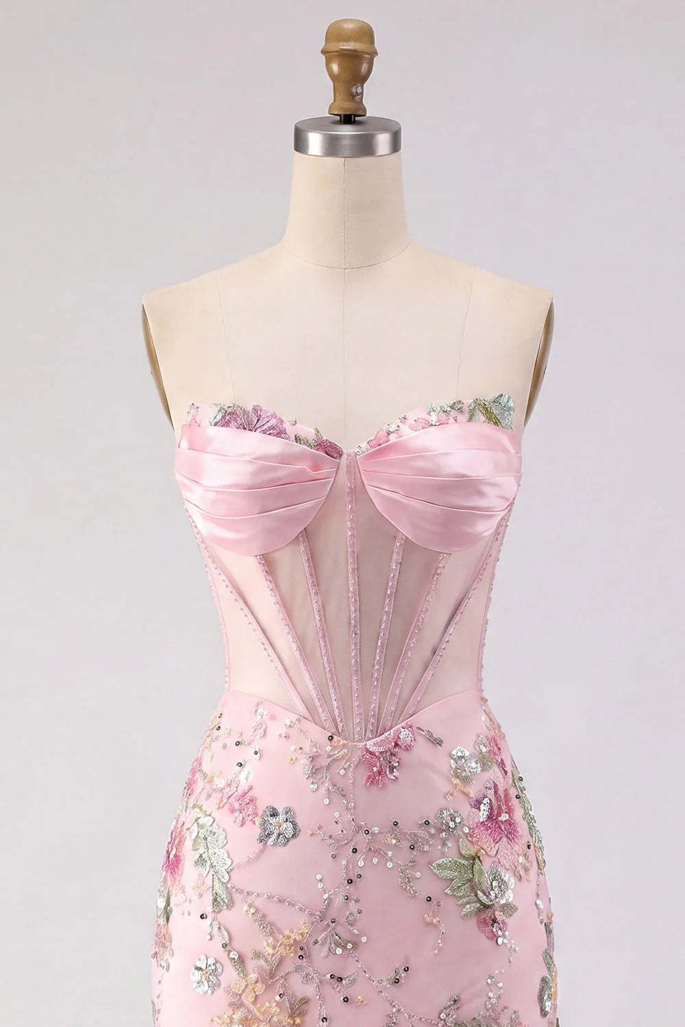 Floral Pink Sequin Corset Bodycon Strapless Homecoming Dress