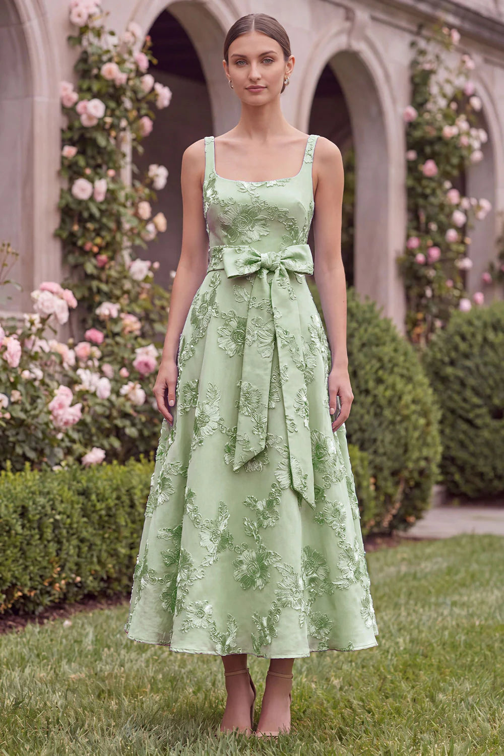 Sage Floral A Line Embroidery Square Neck Wedding Guest Dress with Bow
