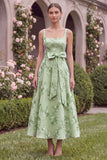Sage Floral A Line Embroidery Square Neck Wedding Guest Dress with Bow