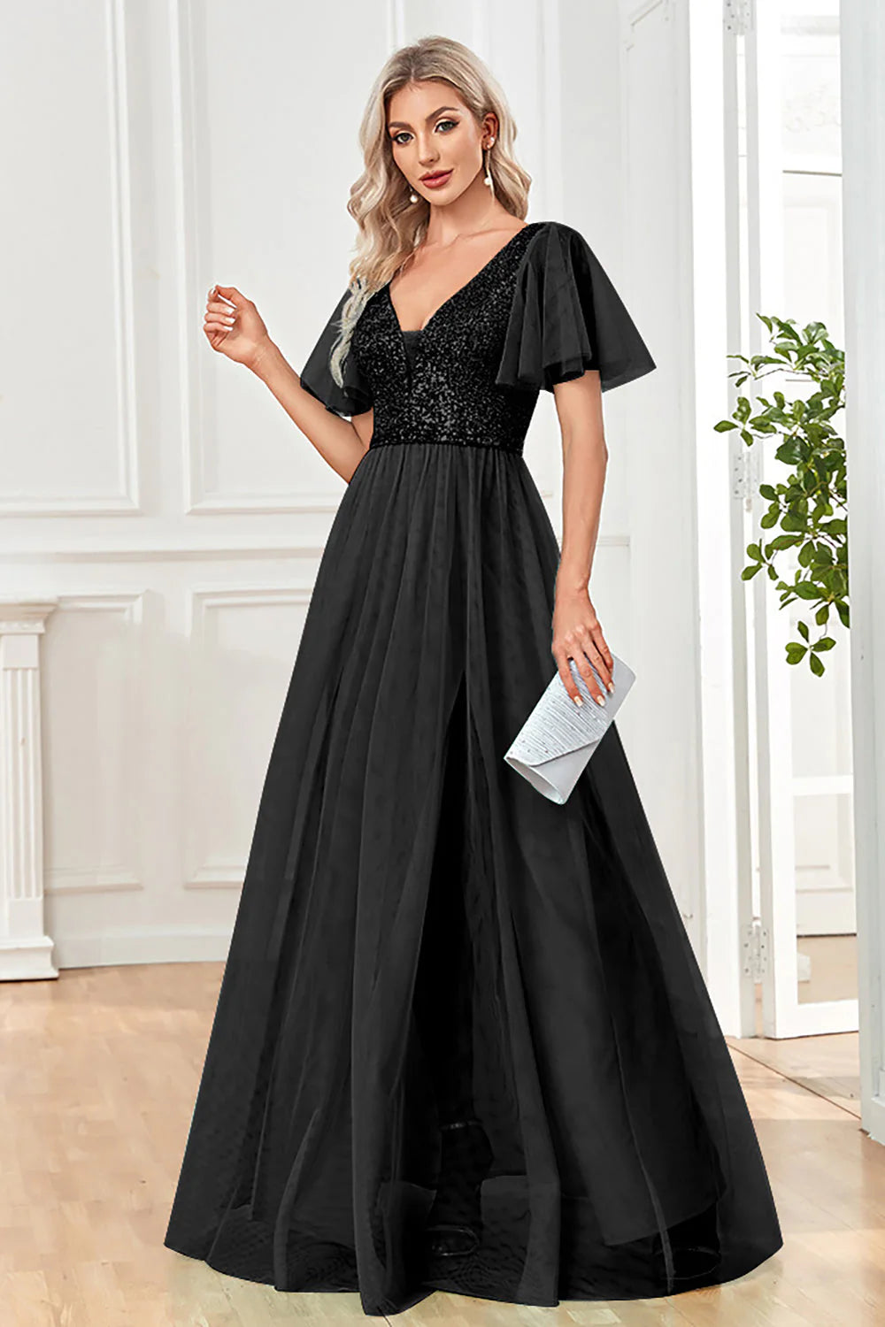 Black A Line V Neck Long Prom Dress with Sequins