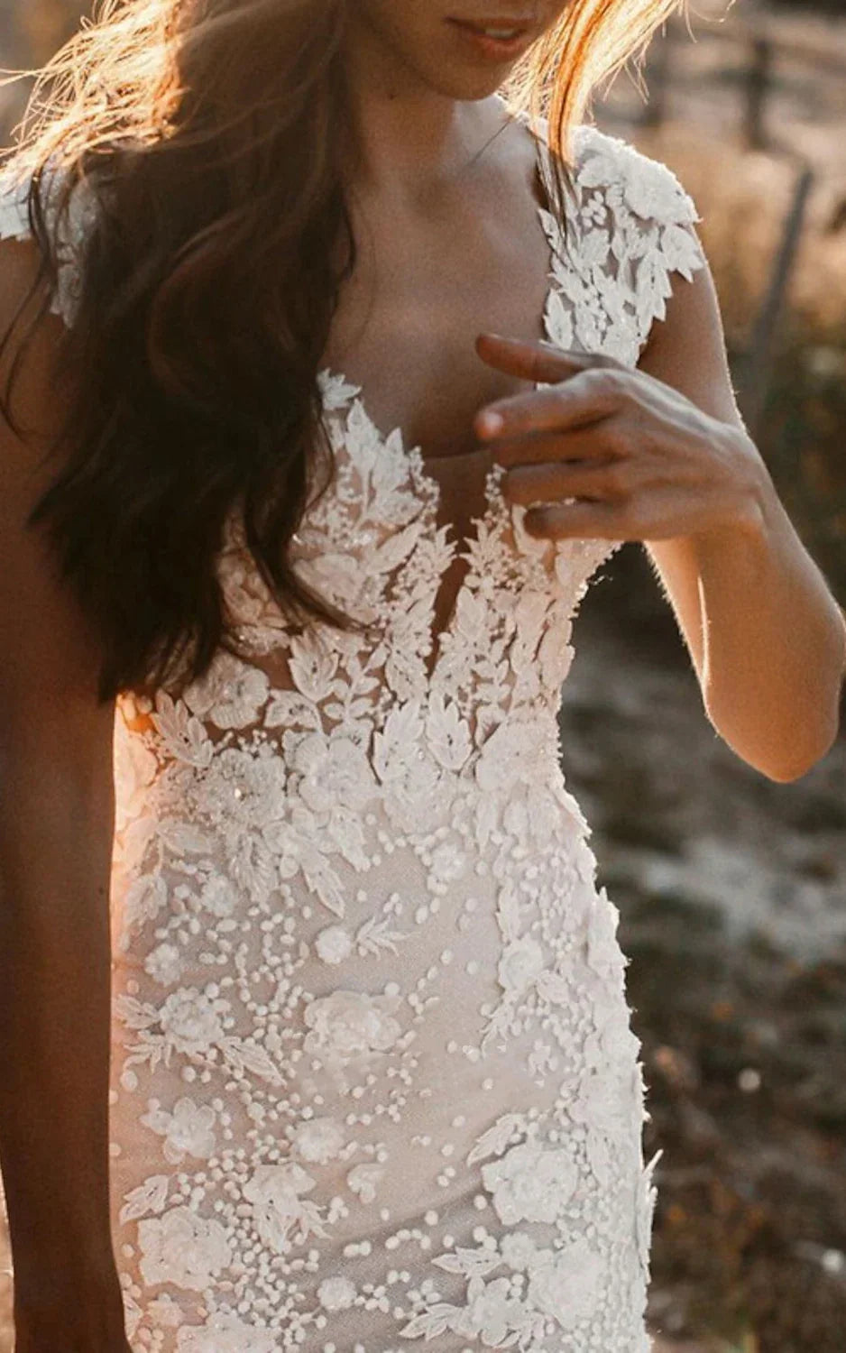Boho Mermaid Wedding Dress Floral V neck Casual Gown with Open Back and Lace Appliques