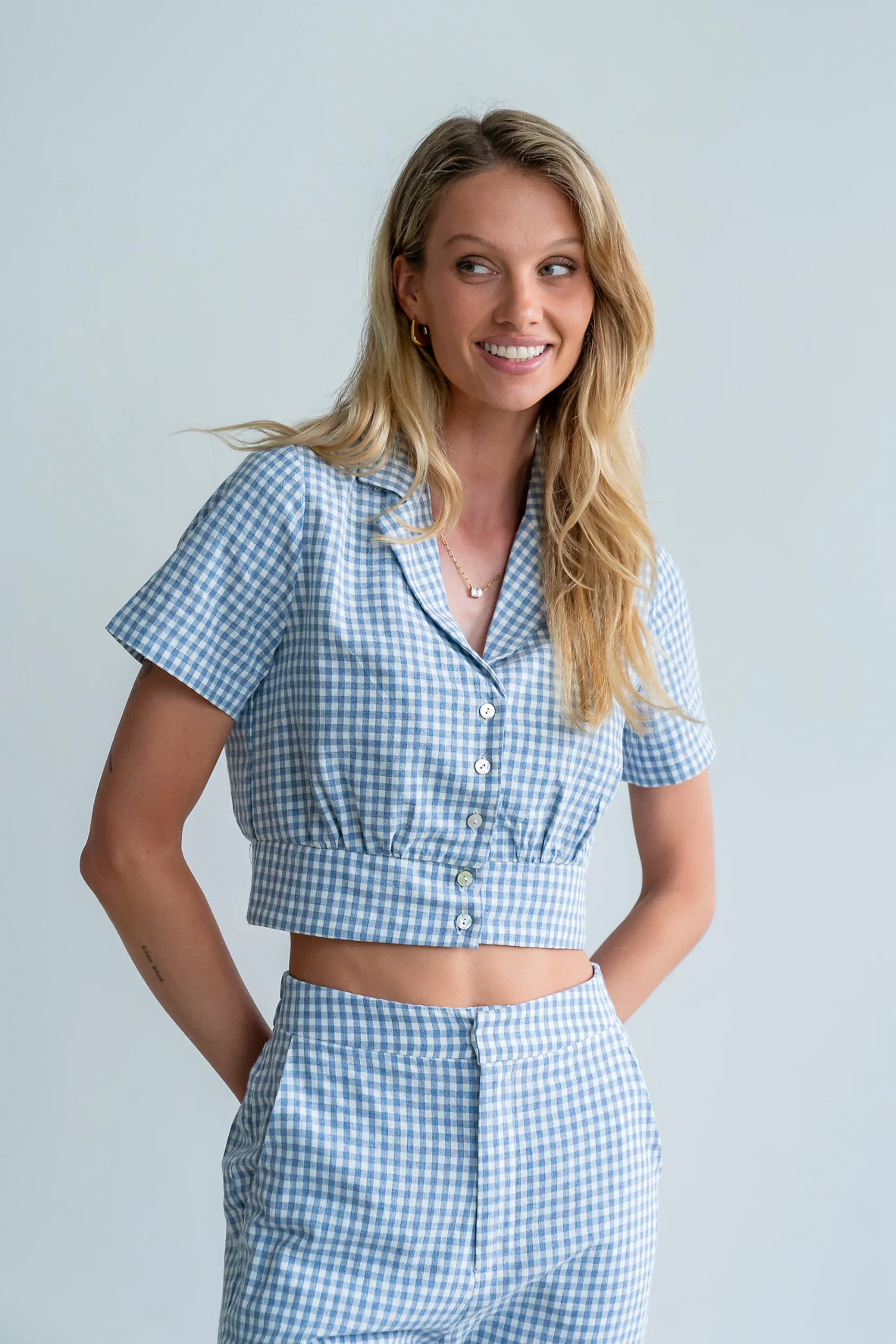 Madie Gingham Button Up in Blue