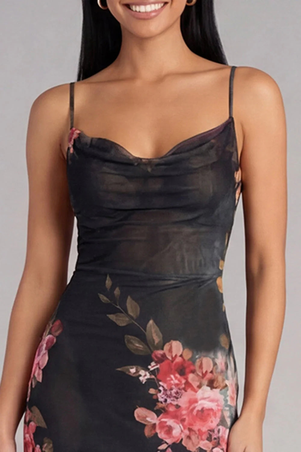 Black Floral Mermaid Midi Wedding Guest Dress