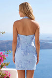 Light Blue Halter Bodycon Floral Short Homecoming Dress